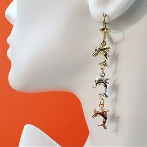 Women's Tri Color Gold Plated Dolphins Drop Dangle Long Earrings  Oro Laminado